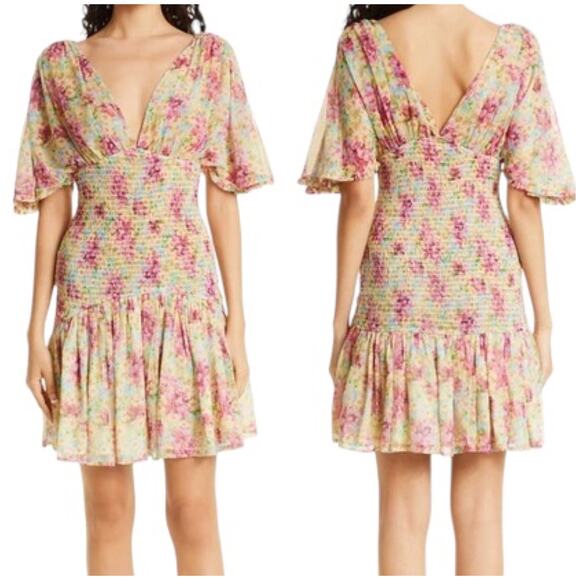 ByTiMo NWT Floral Smocked Chiffon Mini Dress Summer Flowers Size M Deep V-Neck - Picture 1 of 13